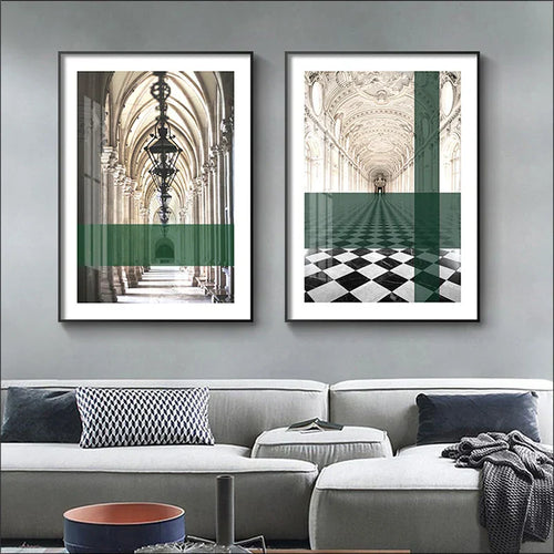 Grønne striper Lagde buer Veggkunst Fine kunsttrykk Klassisk arkitektonisk abstrakte bilder For moderne leilighet Stue Spisestue kunst dekor | Skanto