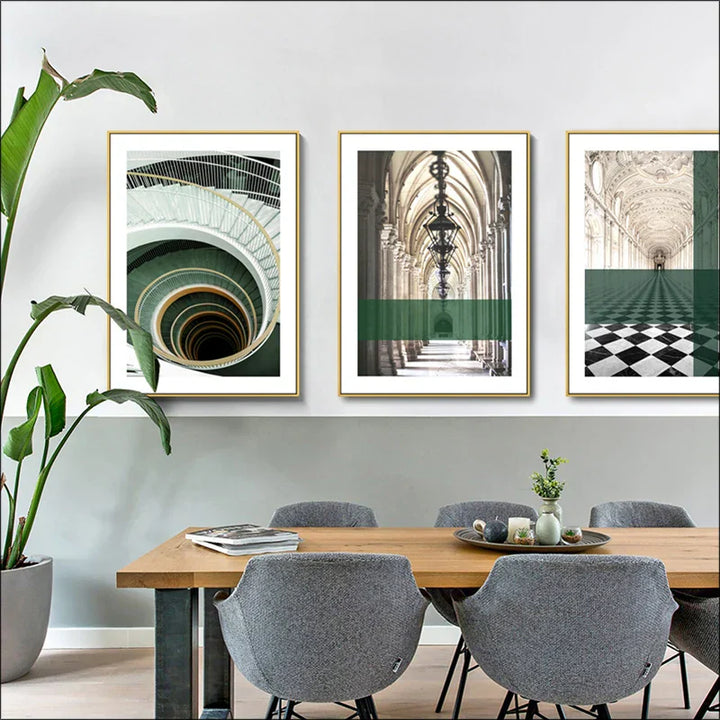 Grønne striper Lagde buer Veggkunst Fine kunsttrykk Klassisk arkitektonisk abstrakte bilder For moderne leilighet Stue Spisestue kunst dekor | Skanto
