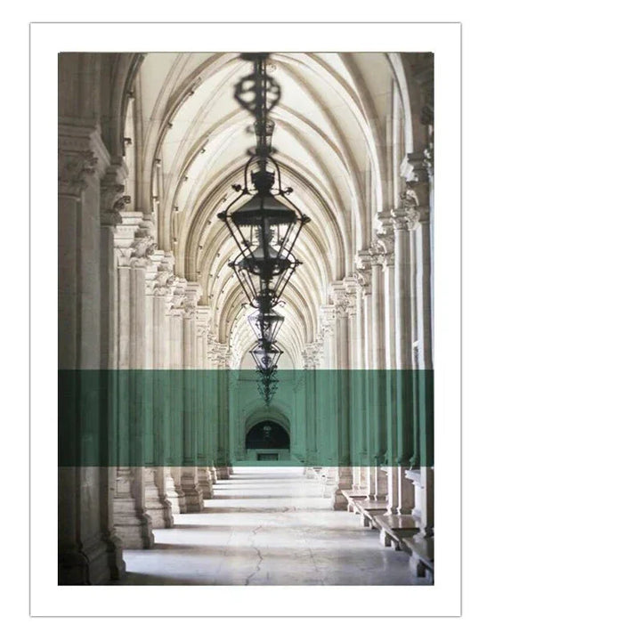 Grønne striper Lagde buer Veggkunst Fine kunsttrykk Klassisk arkitektonisk abstrakte bilder For moderne leilighet Stue Spisestue kunst dekor | Skanto