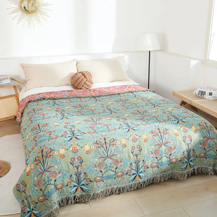 Skanto | Greenery Floral Cotton Tassel Blanket