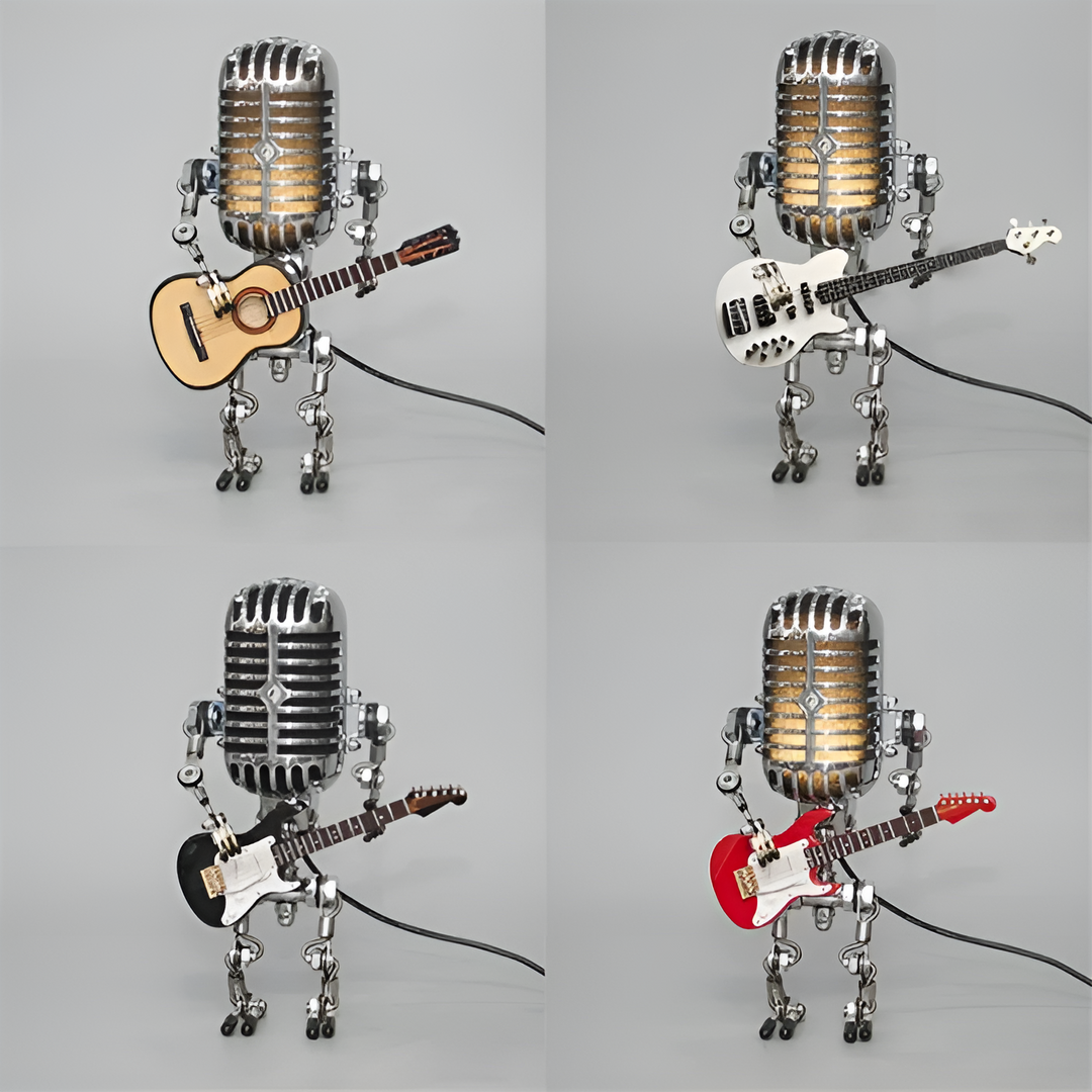 Robotlampe med gitar – LED-dekorasjon i vintagestil til skrivebordet
