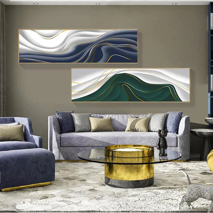 Modern Abstract Green Gray Gold Flowing Ribbon Wall Art Fine Art Canvas Prints Tall Format Pictures for Living Room Foyer Staircase Wall Decor | Skanto