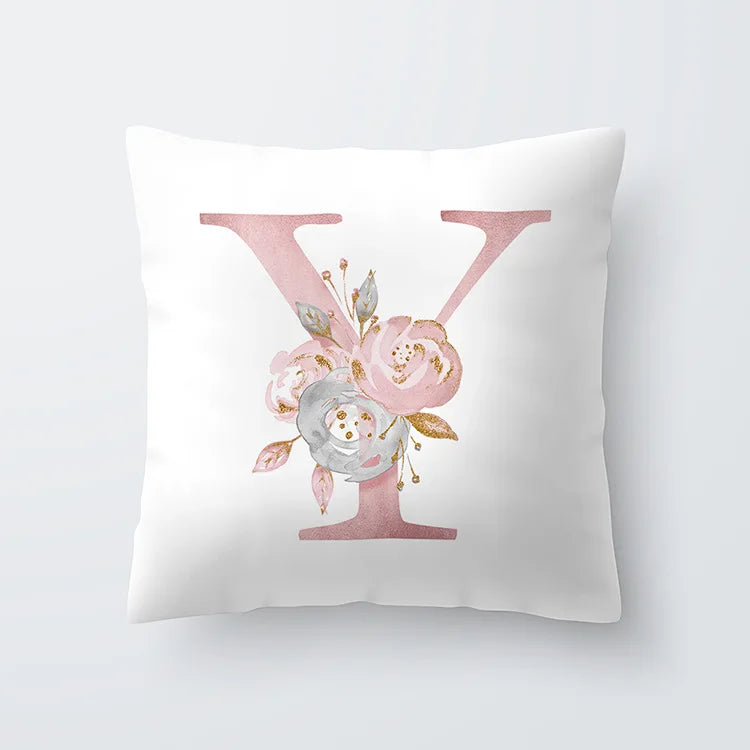 Pink Golden Floral Letter Pillowcase 45x45cm Pillow Cover for Living Room Sofa Throw Pillow Polyester Cotton Square Pillowcase | Skanto
