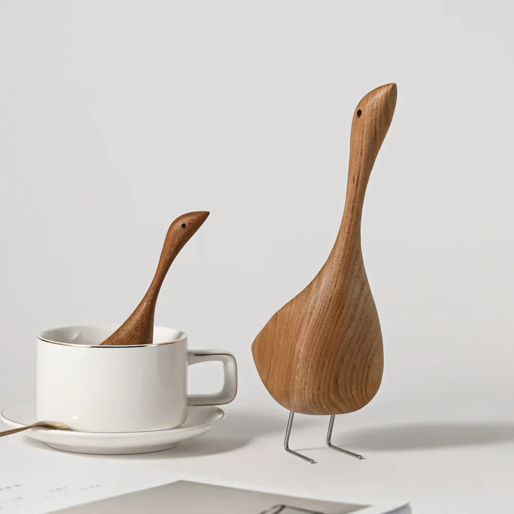 Skanto | Nordiske Tre Gås Figurer Abstrakt Teak Tre Skulptur Kjærleikpar Figurer Naturlige Dyre Ornamenter for Hjemdekorasjon