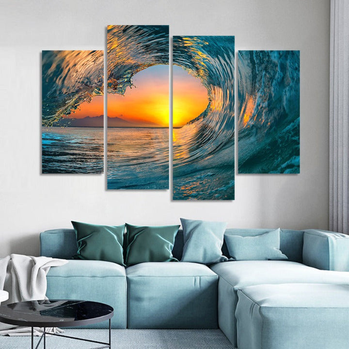 5-delt abstrakt solnedgang gjennom havbølge - lerret veggkunstmaleri | Skanto