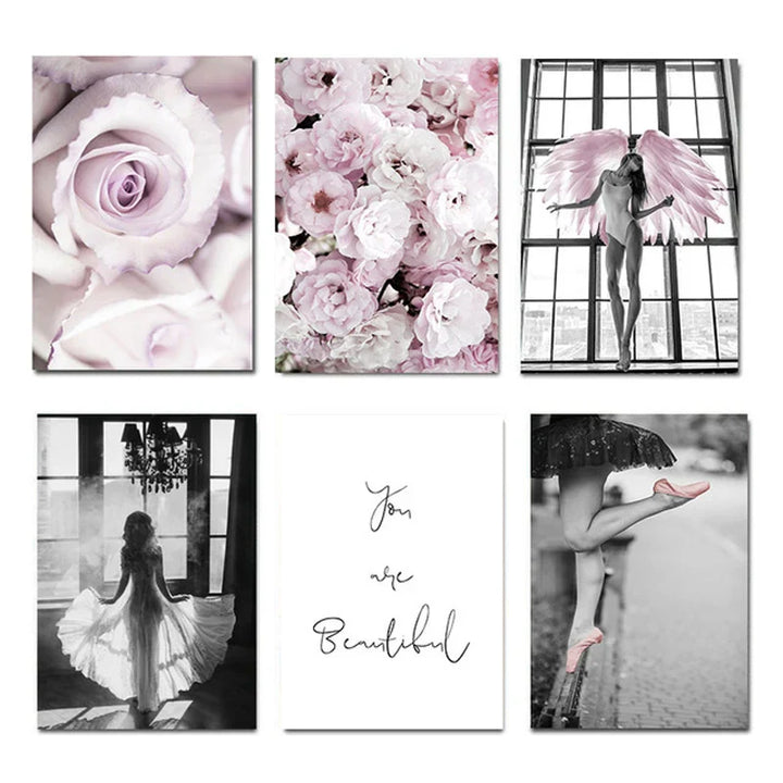 Pink Angel Wings Ballerina Wall Art Fine Art Canvas Print Black White Fashion Pictures For Living Room Bedroom Lounge Art Decor | Skanto