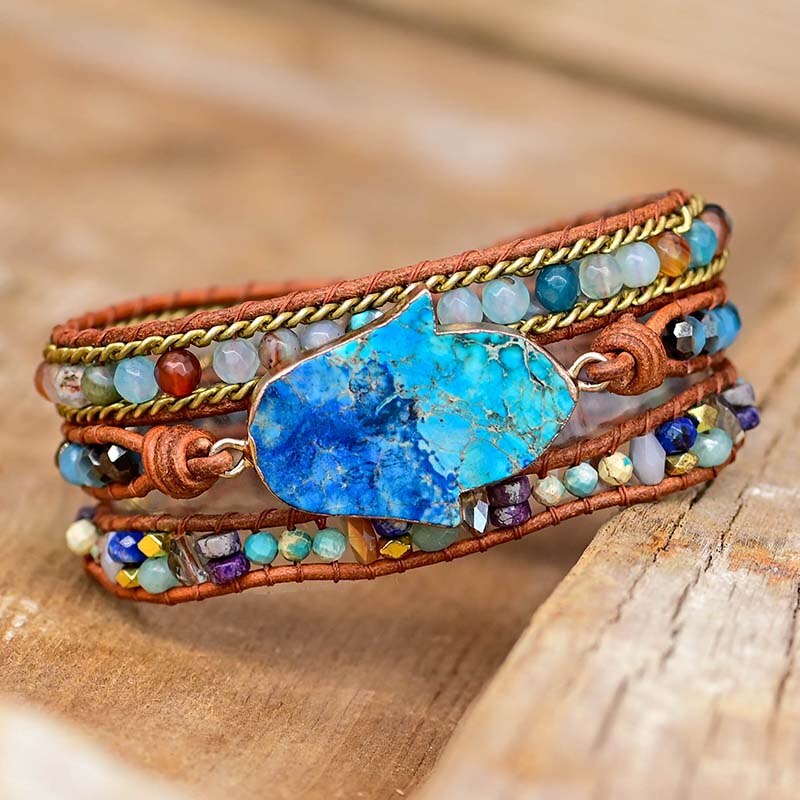 Elegant Turkis Hamsa Wrap Armbånd - Soraya i Blå Skanto