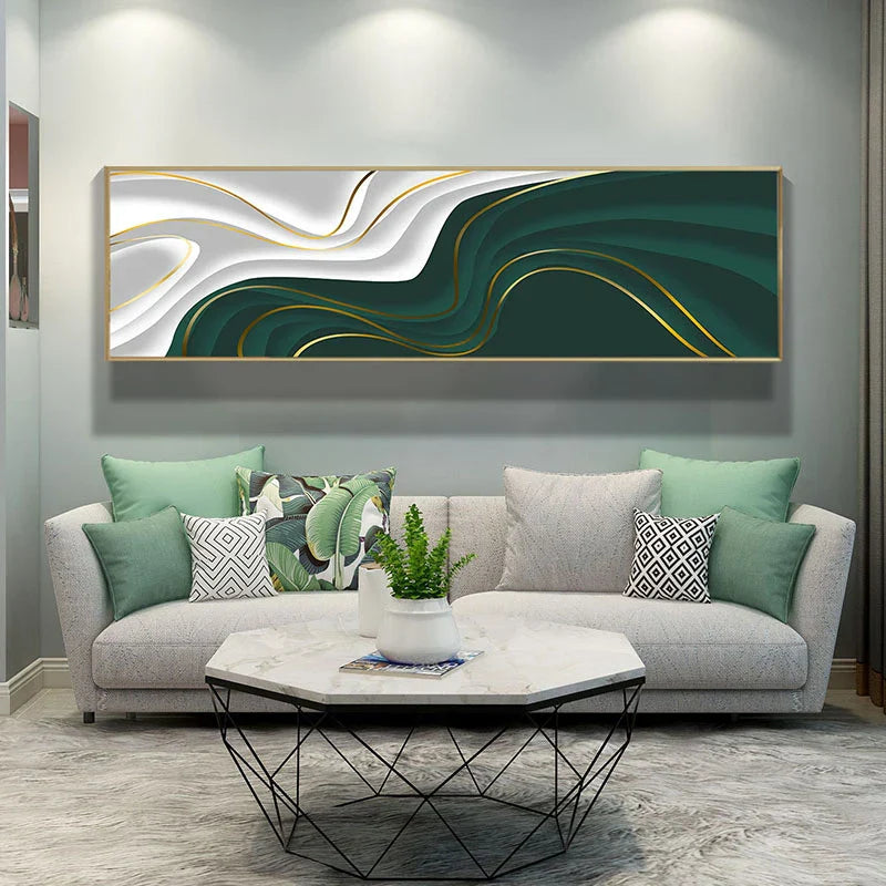 Modern Abstract Green Gray Gold Flowing Ribbon Wall Art Fine Art Canvas Prints Tall Format Pictures for Living Room Foyer Staircase Wall Decor | Skanto