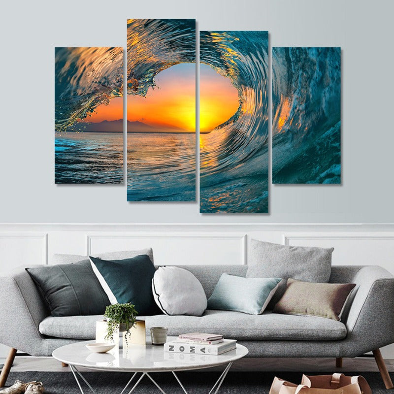 5-delt abstrakt solnedgang gjennom havbølge - lerret veggkunstmaleri | Skanto