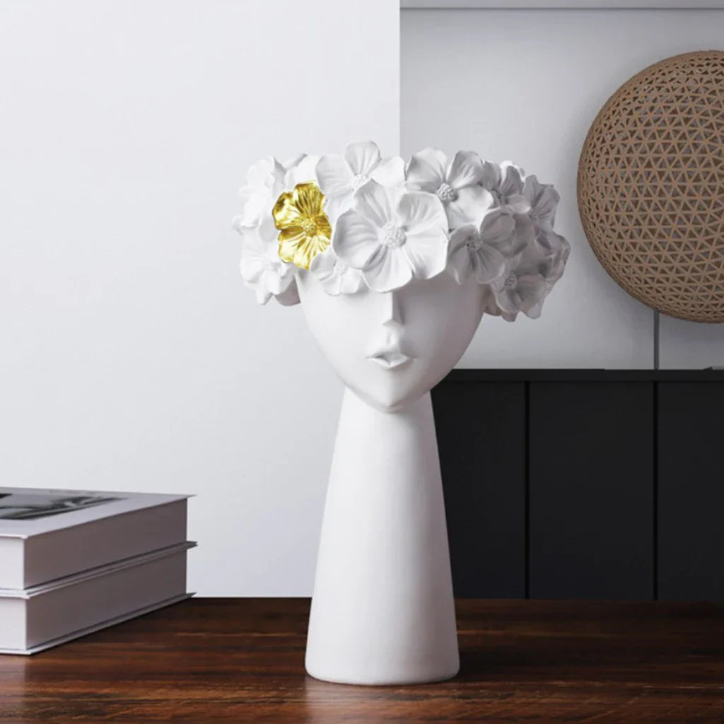 Skanto | Nordic Girl Hode Blomst Harpiks Vase Statue Blomster Vaser for Kontor Skrivebord Tørkede Blomster Ornamenter Dekor Beholder
