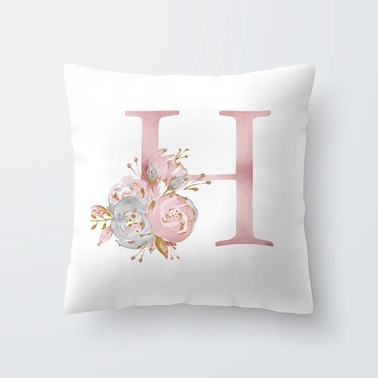 Pink Golden Floral Letter Pillowcase 45x45cm Pillow Cover for Living Room Sofa Throw Pillow Polyester Cotton Square Pillowcase | Skanto