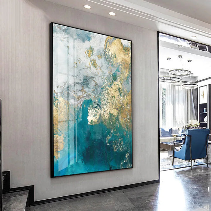 Abstract Aqua Blue Green Jade Golden Fluid Marble Print Wall Art Fine Art Canvas Prints Pictures For Luxury Living Room Art Decor | Skanto