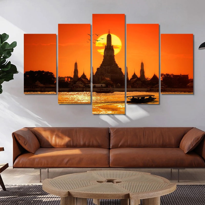 5 stk Abstrakt solnedgang tempel Bangkok Thailand - lerret veggkunst maleri | Skanto