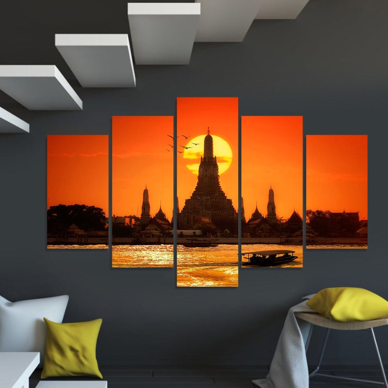 5 stk Abstrakt solnedgang tempel Bangkok Thailand - lerret veggkunst maleri | Skanto