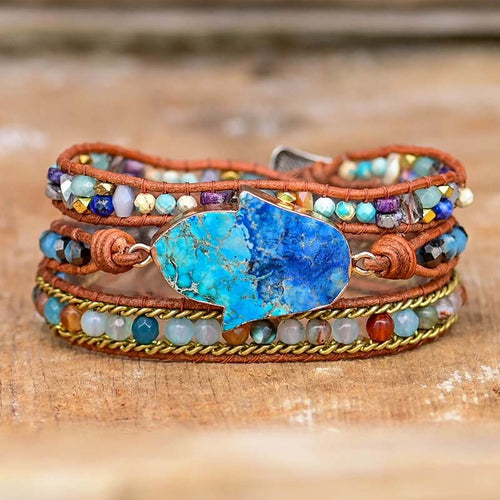 Elegant Turkis Hamsa Wrap Armbånd - Soraya i Blå Skanto