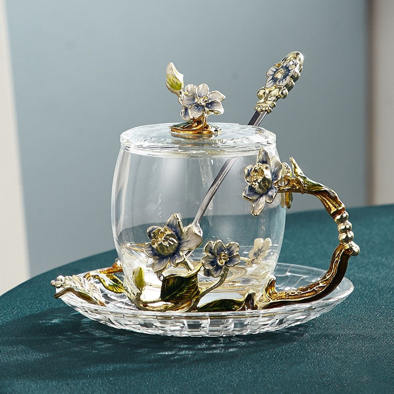 Skanto | Håndlagd emalje blomster glasskrus for par kjærlighetsgave kan servere kaffe, smaksatt te eller til og med sitronsaft i