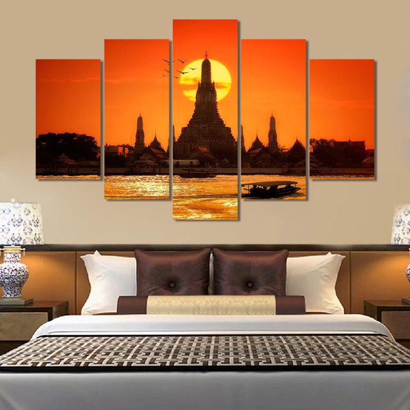 5 stk Abstrakt solnedgang tempel Bangkok Thailand - lerret veggkunst maleri | Skanto