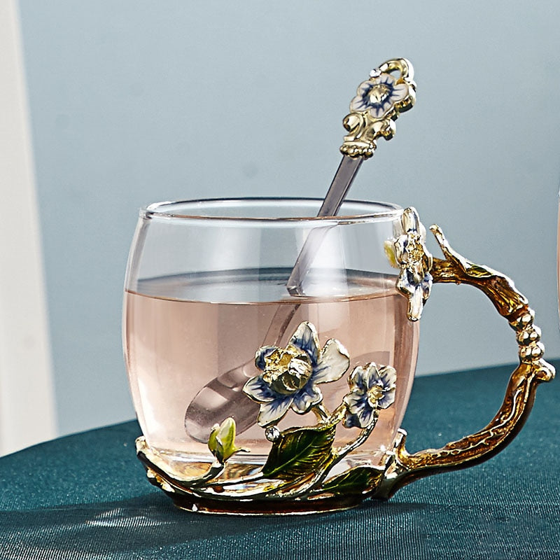 Skanto | Håndlagd emalje blomster glasskrus for par kjærlighetsgave kan servere kaffe, smaksatt te eller til og med sitronsaft i