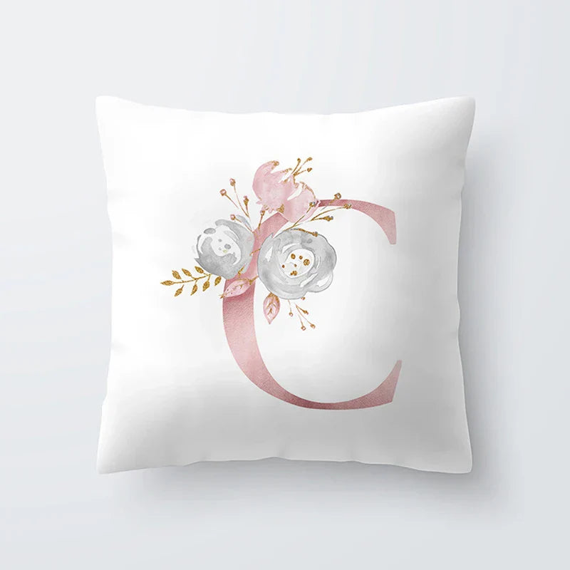 Pink Golden Floral Letter Pillowcase 45x45cm Pillow Cover for Living Room Sofa Throw Pillow Polyester Cotton Square Pillowcase | Skanto