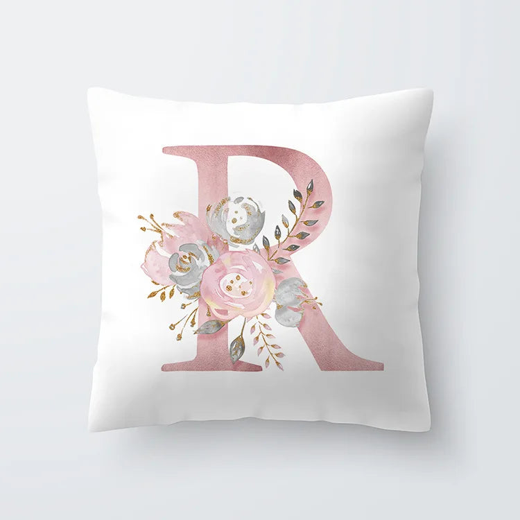 Pink Golden Floral Letter Pillowcase 45x45cm Pillow Cover for Living Room Sofa Throw Pillow Polyester Cotton Square Pillowcase | Skanto