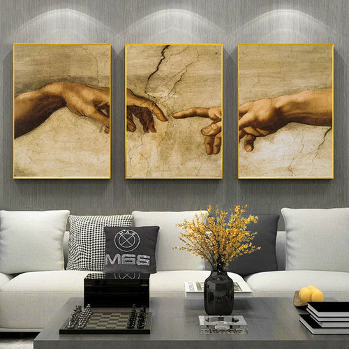 Set med 3 Pcs Michelangelo Hånd Guds Veggkunst Fint Kunst Lerrettrykk Berømt Maleri Skapelsen av Adam Bilder for stuen | Skanto
