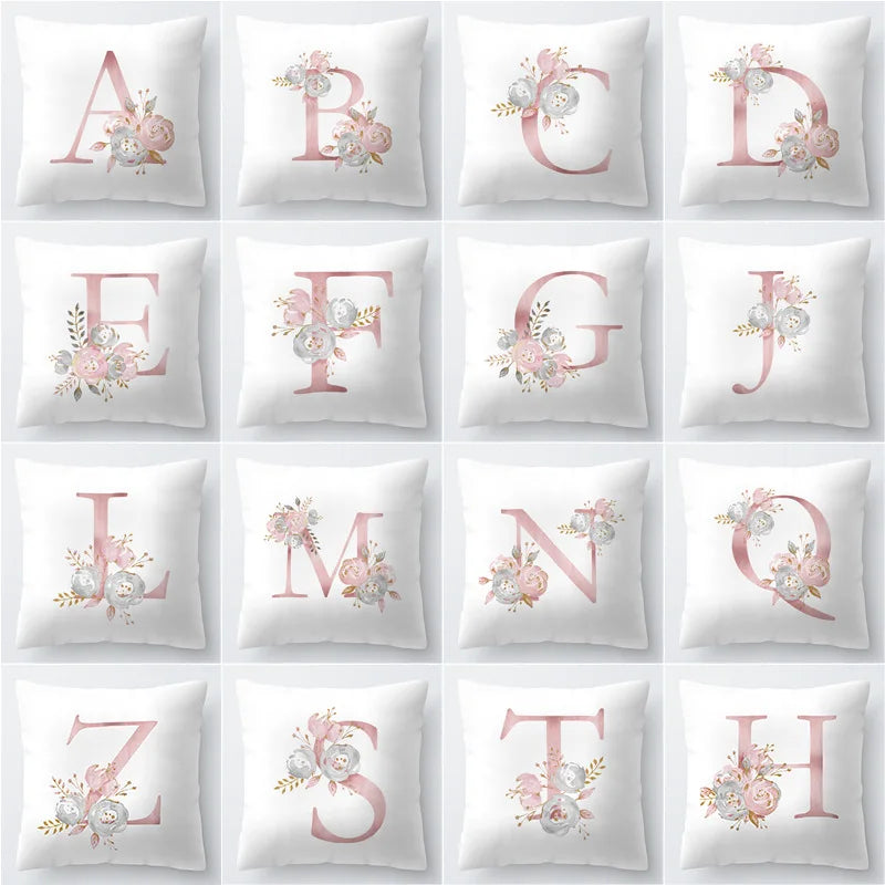 Pink Golden Floral Letter Pillowcase 45x45cm Pillow Cover for Living Room Sofa Throw Pillow Polyester Cotton Square Pillowcase | Skanto