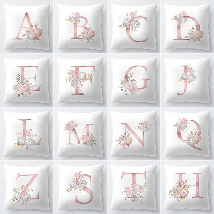 Pink Golden Floral Letter Pillowcase 45x45cm Pillow Cover for Living Room Sofa Throw Pillow Polyester Cotton Square Pillowcase | Skanto