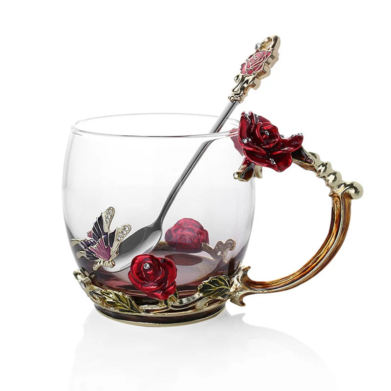 Skanto | Håndlagde emaljekopper Rose-Glass tekrus med stålskje Luksus unike gaver til bryllup, Valentinsdag, bursdagsgaver