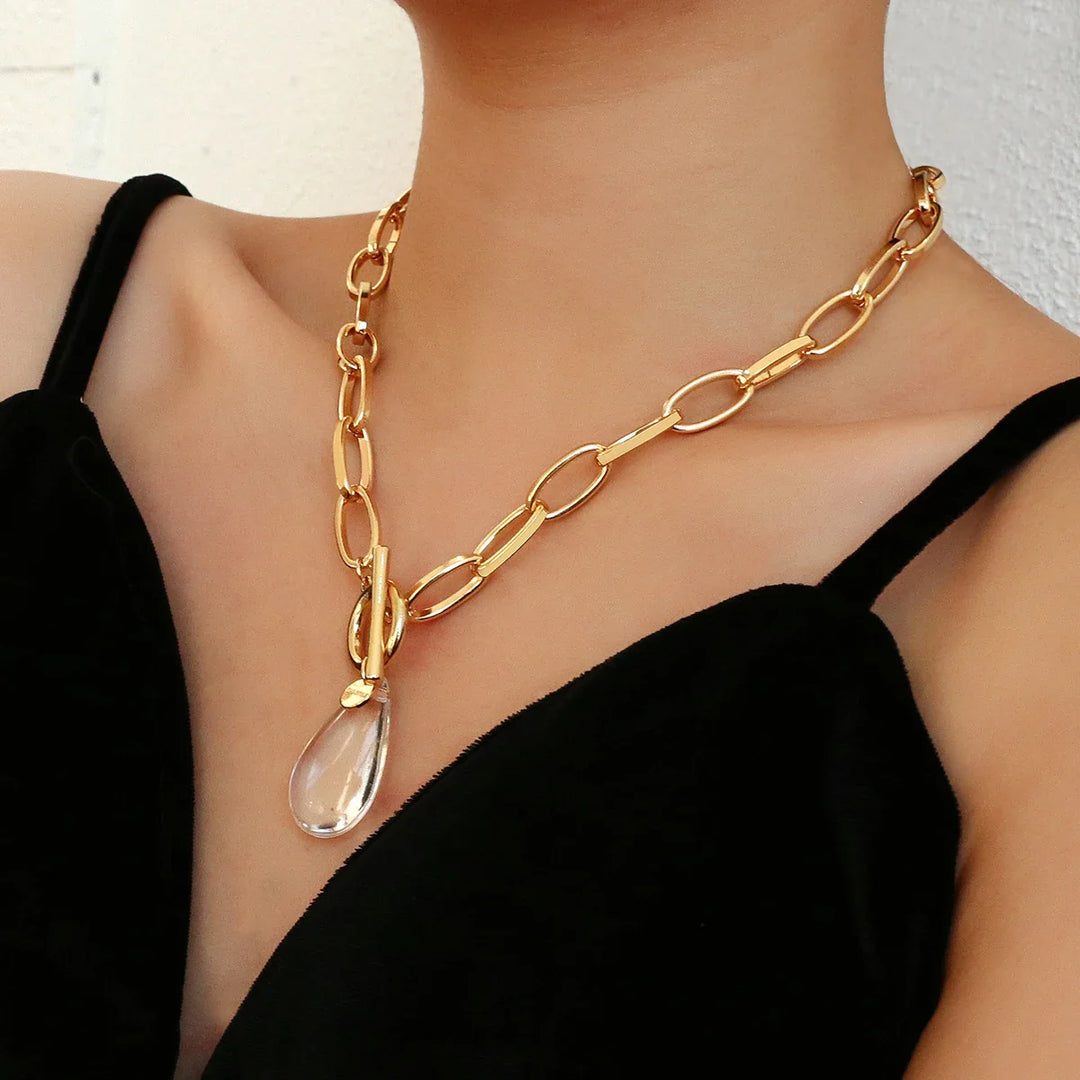 Skanto | Chunky Paperclip Krystall Vanndrop Sirkel Bar Krok Halskjede