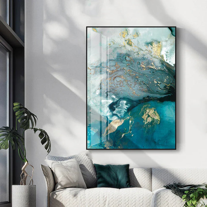 Abstract Aqua Blue Green Jade Golden Fluid Marble Print Wall Art Fine Art Canvas Prints Pictures For Luxury Living Room Art Decor | Skanto