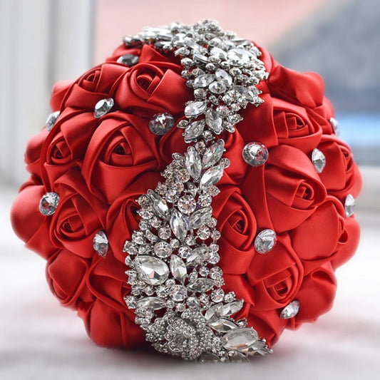 Bryllup Håndholdte Blomster Brudebukett Tilbehør Brudepike Rhinestone Fest Bryllupsdekorasjonsutstyr(Rød)