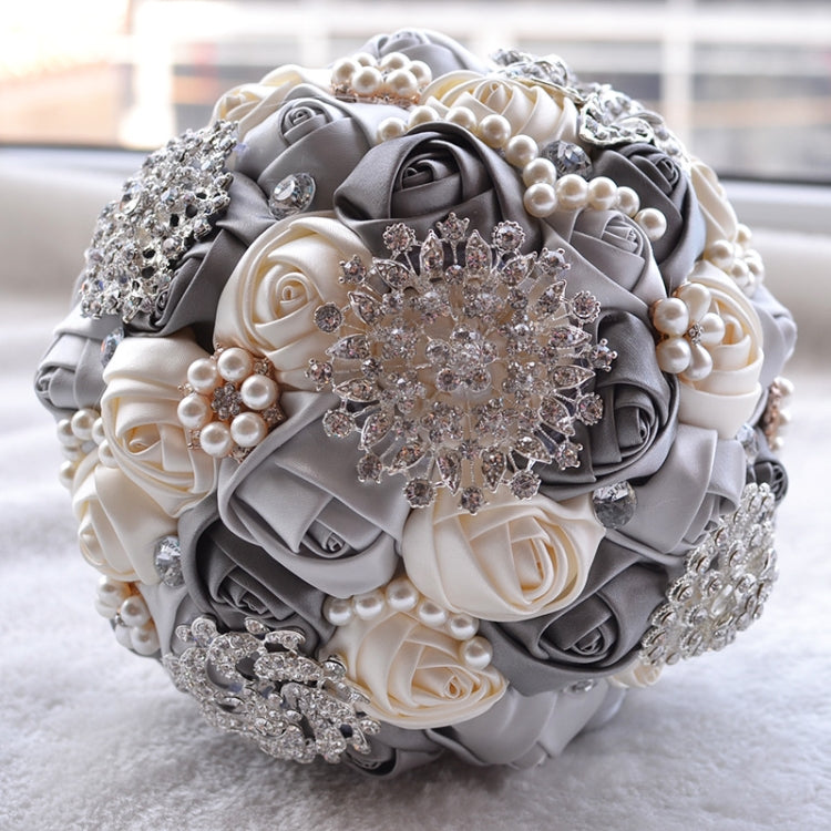 Bryllup Holdende Perle Diamant Blomster Brudebukett Tilbehør Brudepike Rhinestone Fest Bryllups Dekorasjon Utstyr, Diameter: 20cm (Grå)