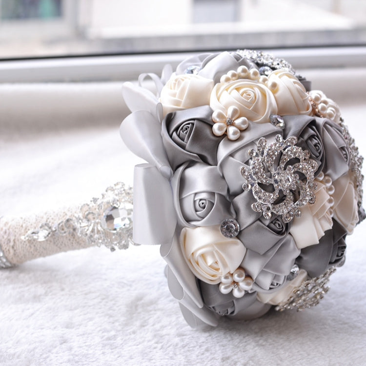 Bryllup Holdende Perle Diamant Blomster Brudebukett Tilbehør Brudepike Rhinestone Fest Bryllups Dekorasjon Utstyr, Diameter: 20cm (Grå)