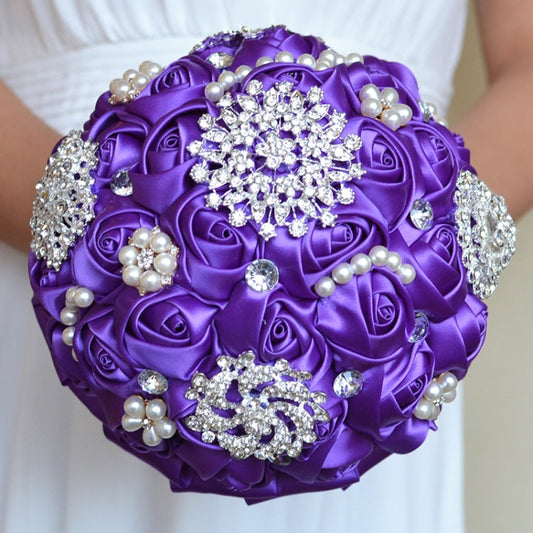 Bryllups Holdende Perle Diamant Blomster Brude Bukett Tilbehør Brudepike Rhinestone Fest Bryllup Dekorasjon Utstyr, Diameter: 20cm (Lilla)