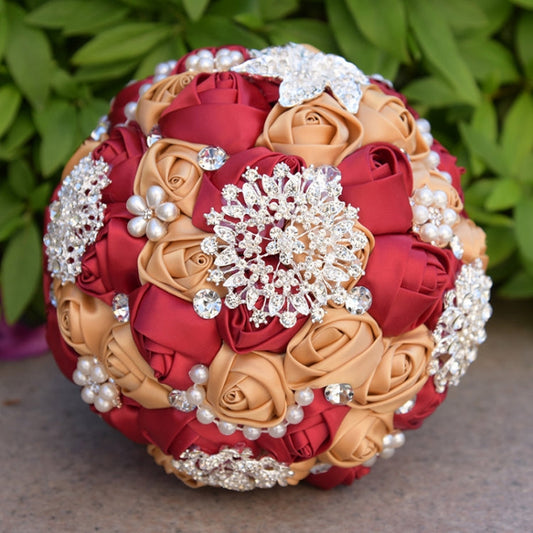 Bryllup Håndholdt Perle Diamant Blomster Brudebukett Tilbehør Brudepike Rhinestone Fest Bryllups Dekorasjon Utstyr, Diameter: 20cm(Rød)