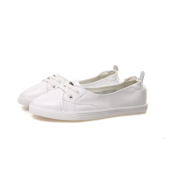 Skanto | 100% Ekte Lær Sko Kvinner Flate Casual Sko Myk Ku skinn Hvite Flats