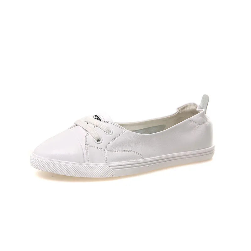 Skanto | 100% Ekte Lær Sko Kvinner Flate Casual Sko Myk Ku skinn Hvite Flats