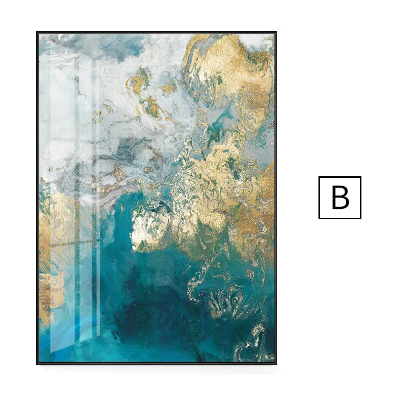 Abstract Aqua Blue Green Jade Golden Fluid Marble Print Wall Art Fine Art Canvas Prints Pictures For Luxury Living Room Art Decor | Skanto