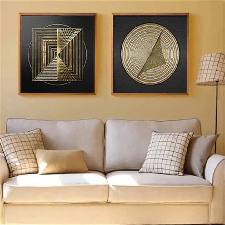 Svarte Gyldne Sfæriske Abstrakte Geometriske Veggkunst Fin Kunst Lerretstrykk Moderne Estetikk Firkantet Format Bilder For Stue Hjemmekontor Dekor | Skanto