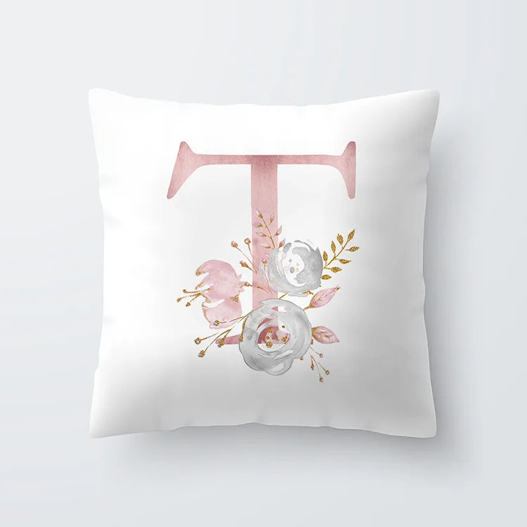 Pink Golden Floral Letter Pillowcase 45x45cm Pillow Cover for Living Room Sofa Throw Pillow Polyester Cotton Square Pillowcase | Skanto