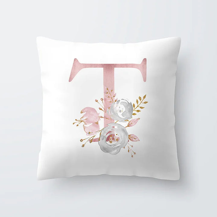 Pink Golden Floral Letter Pillowcase 45x45cm Pillow Cover for Living Room Sofa Throw Pillow Polyester Cotton Square Pillowcase | Skanto