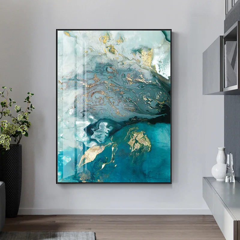Abstract Aqua Blue Green Jade Golden Fluid Marble Print Wall Art Fine Art Canvas Prints Pictures For Luxury Living Room Art Decor | Skanto