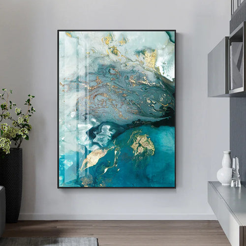 Abstract Aqua Blue Green Jade Golden Fluid Marble Print Wall Art Fine Art Canvas Prints Pictures For Luxury Living Room Art Decor | Skanto
