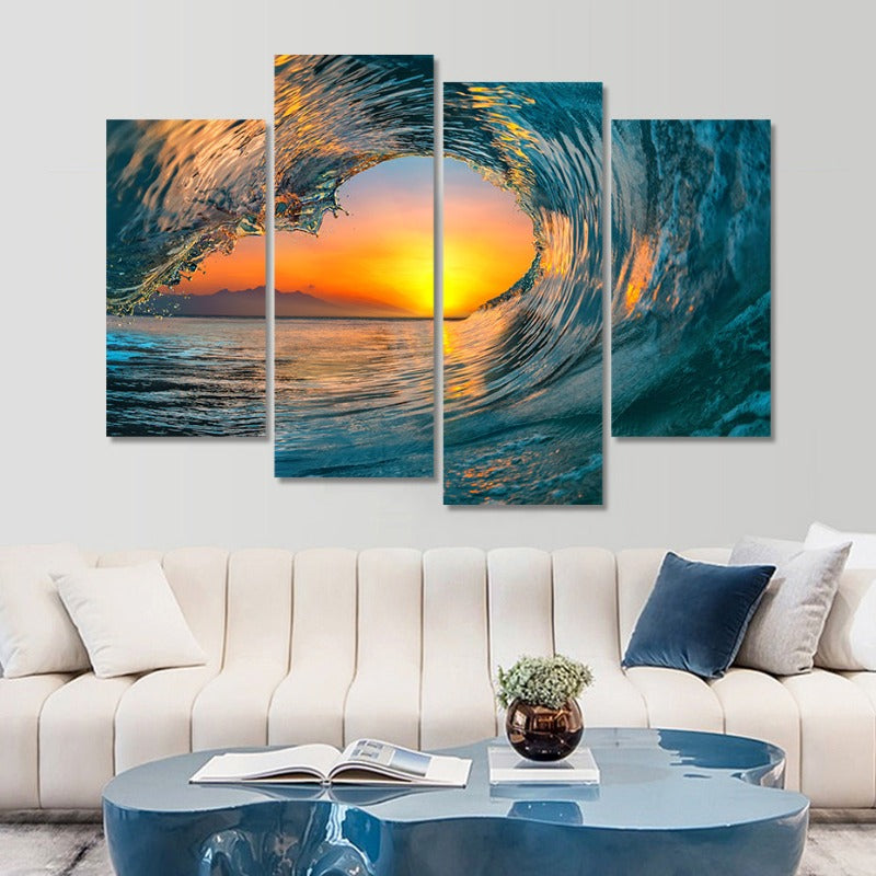 5-delt abstrakt solnedgang gjennom havbølge - lerret veggkunstmaleri | Skanto