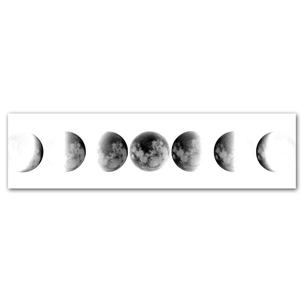 Moon Phases Wide Format Black White Wall Art Canvas Print Pictures For Bedroom Above Bed Living Room Decor | Skanto