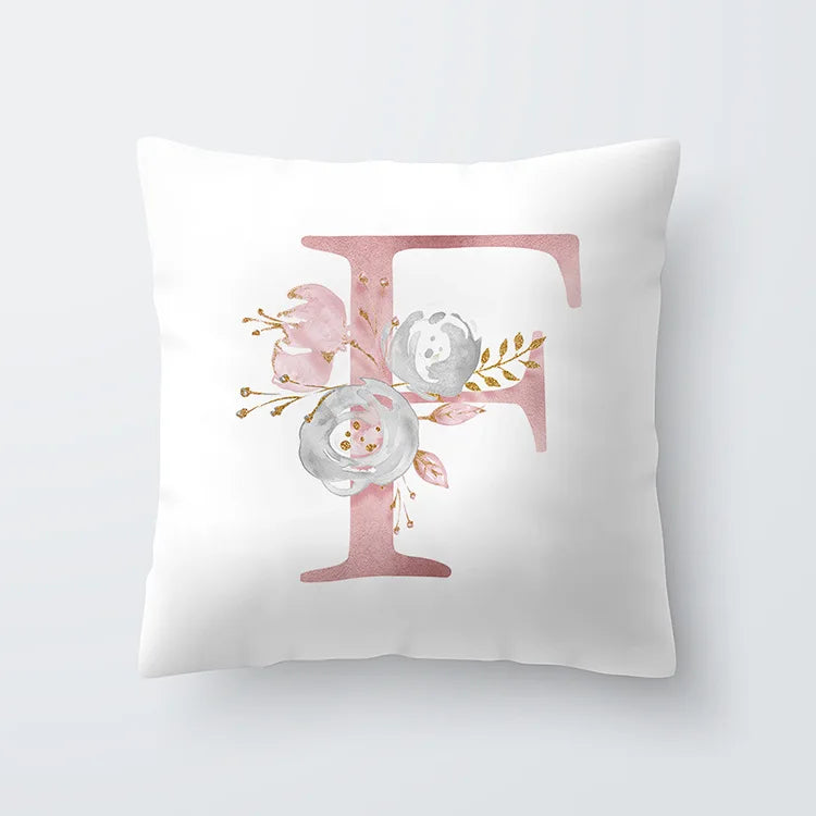 Pink Golden Floral Letter Pillowcase 45x45cm Pillow Cover for Living Room Sofa Throw Pillow Polyester Cotton Square Pillowcase | Skanto