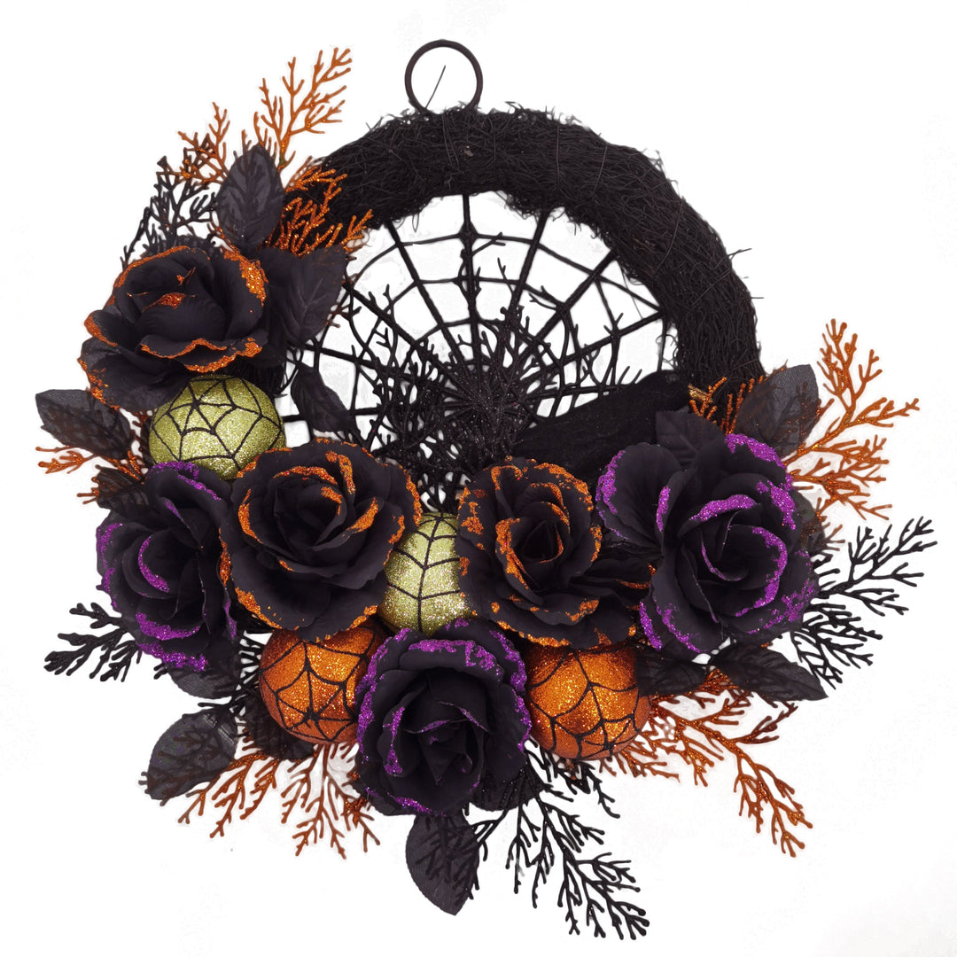 Skanto | Halloween Gotisk Blomsterkrans - Svart Roser & Spindelvev Frontdørdekor med Glitrende Akenter