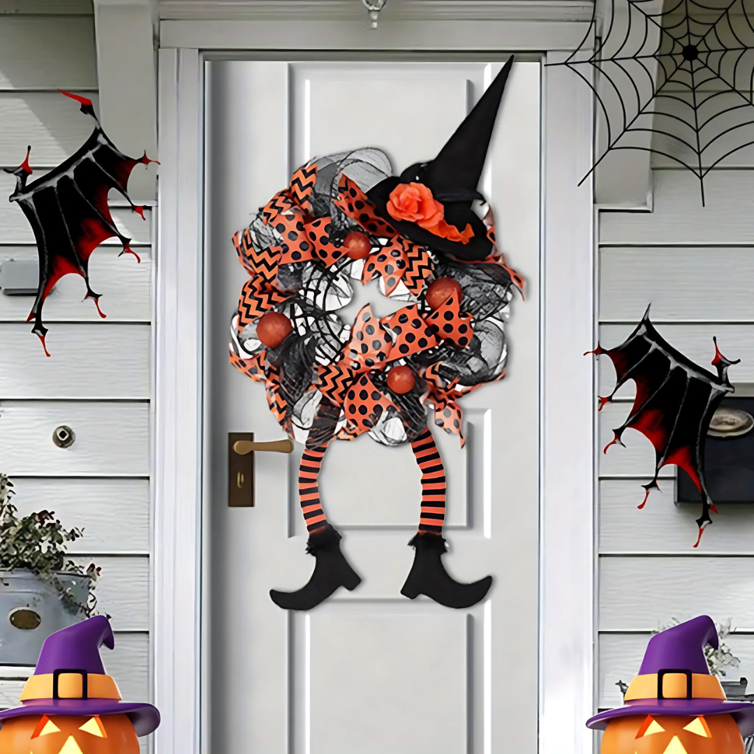 Skanto | Leken heks mesh krans – Halloween inngangsdørdekorasjon for festlig moro