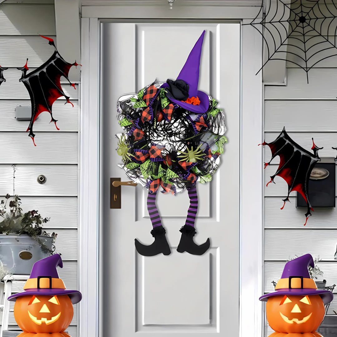 Skanto | Leken heks mesh krans – Halloween inngangsdørdekorasjon for festlig moro