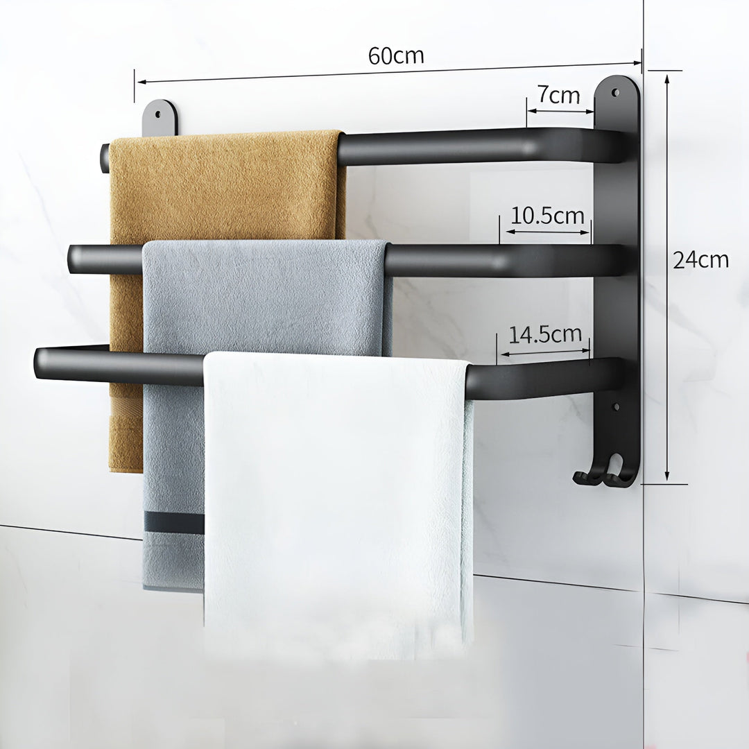 Skanto | HangEase 3-lags håndkleholder – svart veggmontert aluminiumsstativ uten boring
